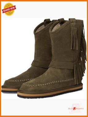 Pull On Fringe Boots Mid-Calf Suede Chelsea Block Heel